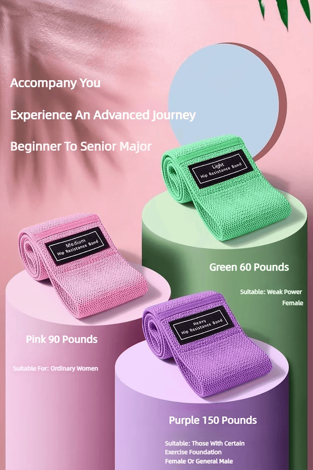 Set of 3 fabric resistance bands in pink, green, and purple for glute workouts, displayed on pastel podiums.